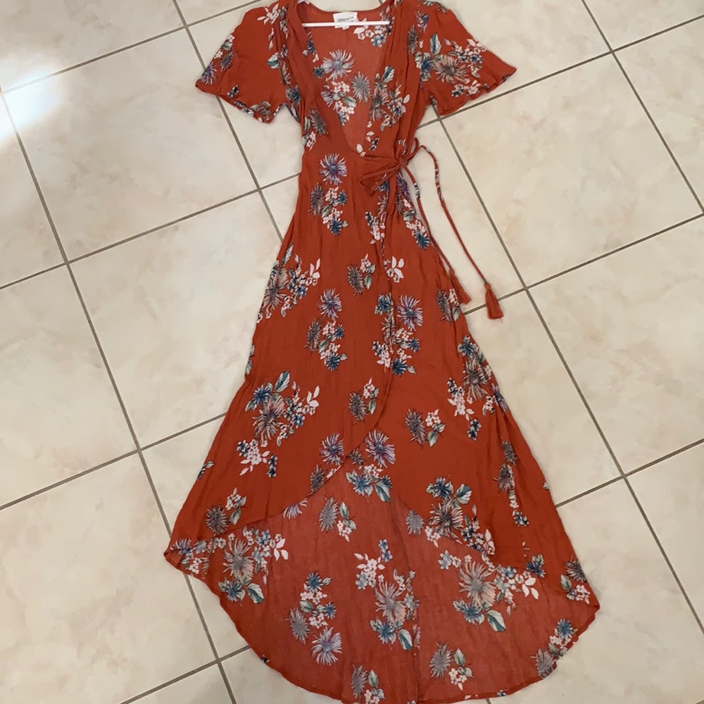 Orange floral dress with mid tassel tie